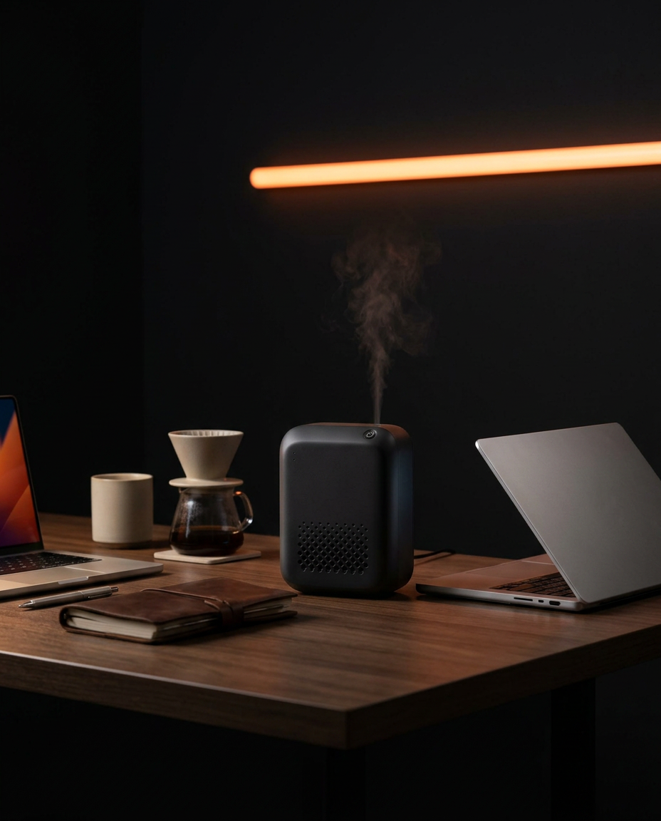 Black diffuser misting on a wood desk beside a laptop and coffee maker