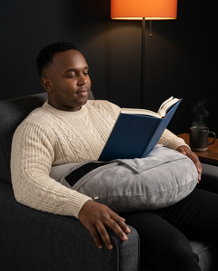 Man reading a book with arms resting on the grey hands-free comfort pillow