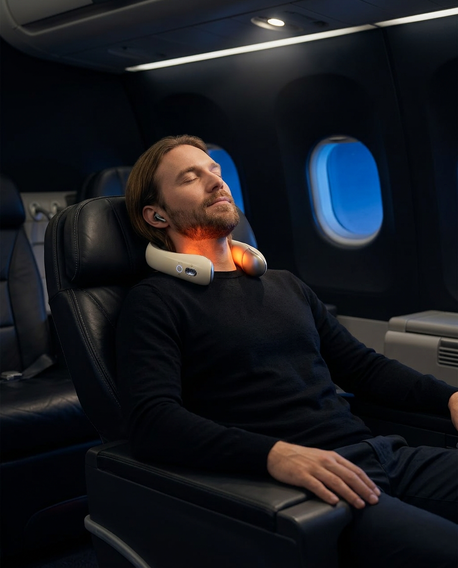 Man napping in airplane seat wearing neck massager while traveling