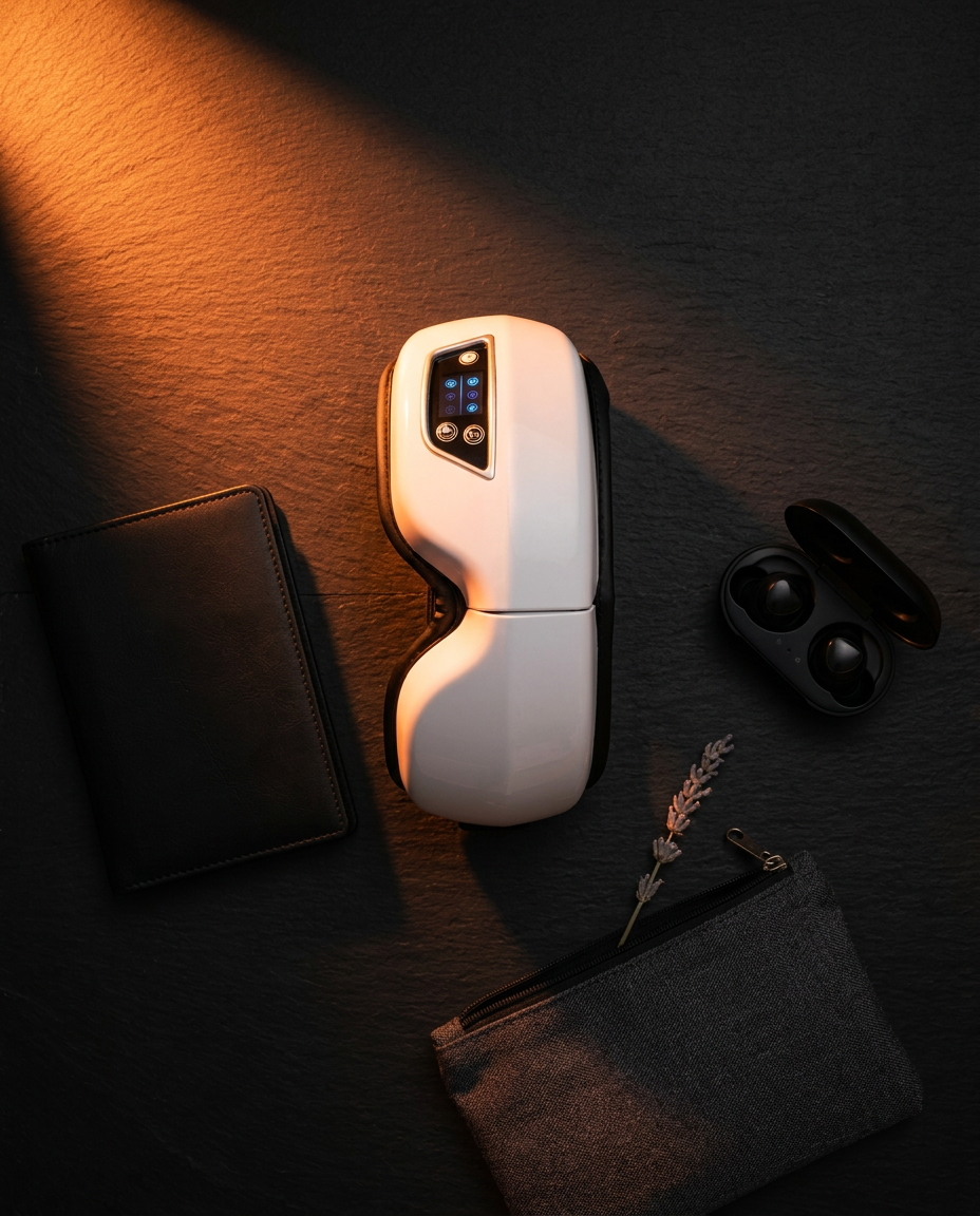 Folded eye massager beside a passport, earbuds and travel pouch, flat lay