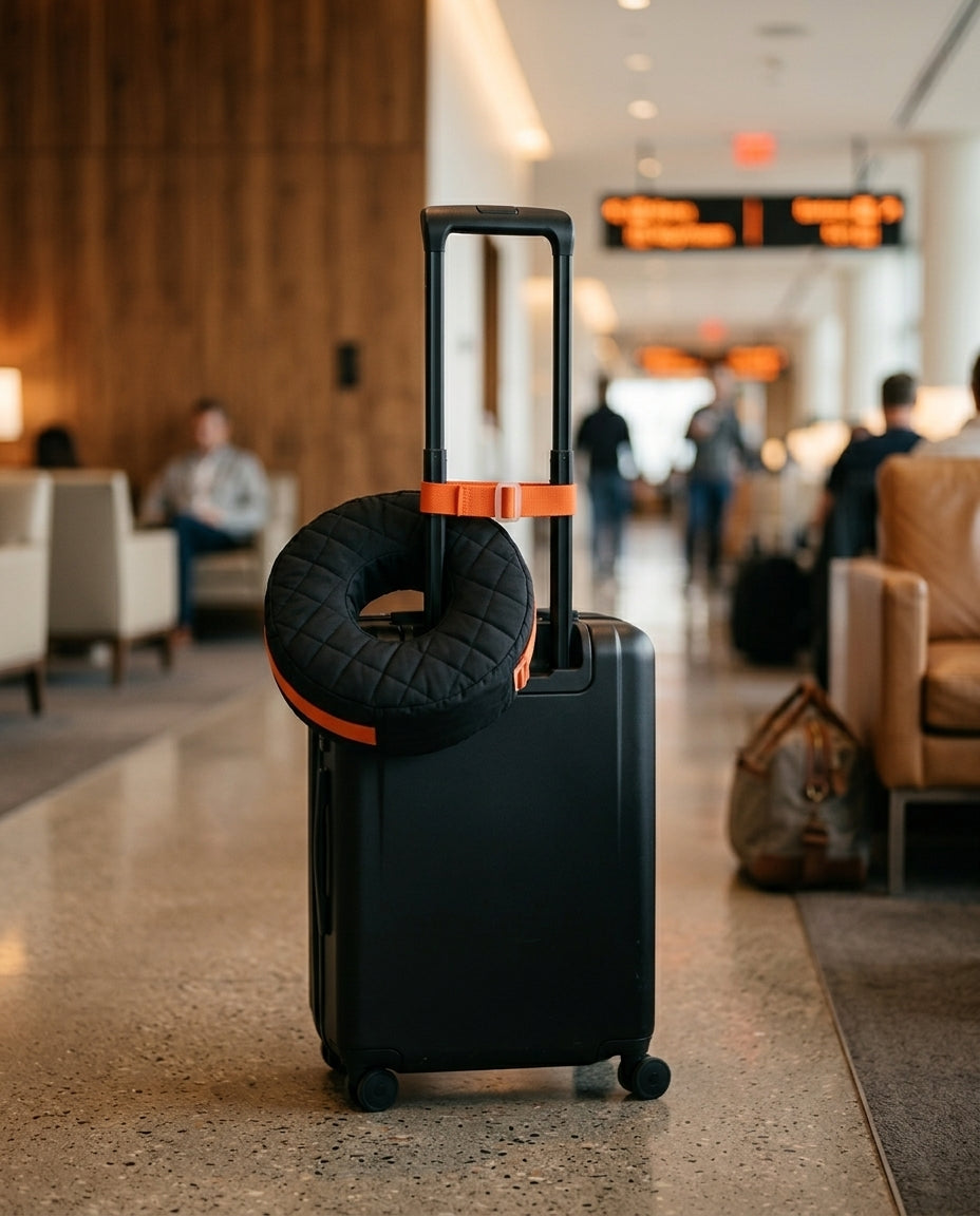 Ankle cushion strapped to a suitcase handle in an airport lounge for travel