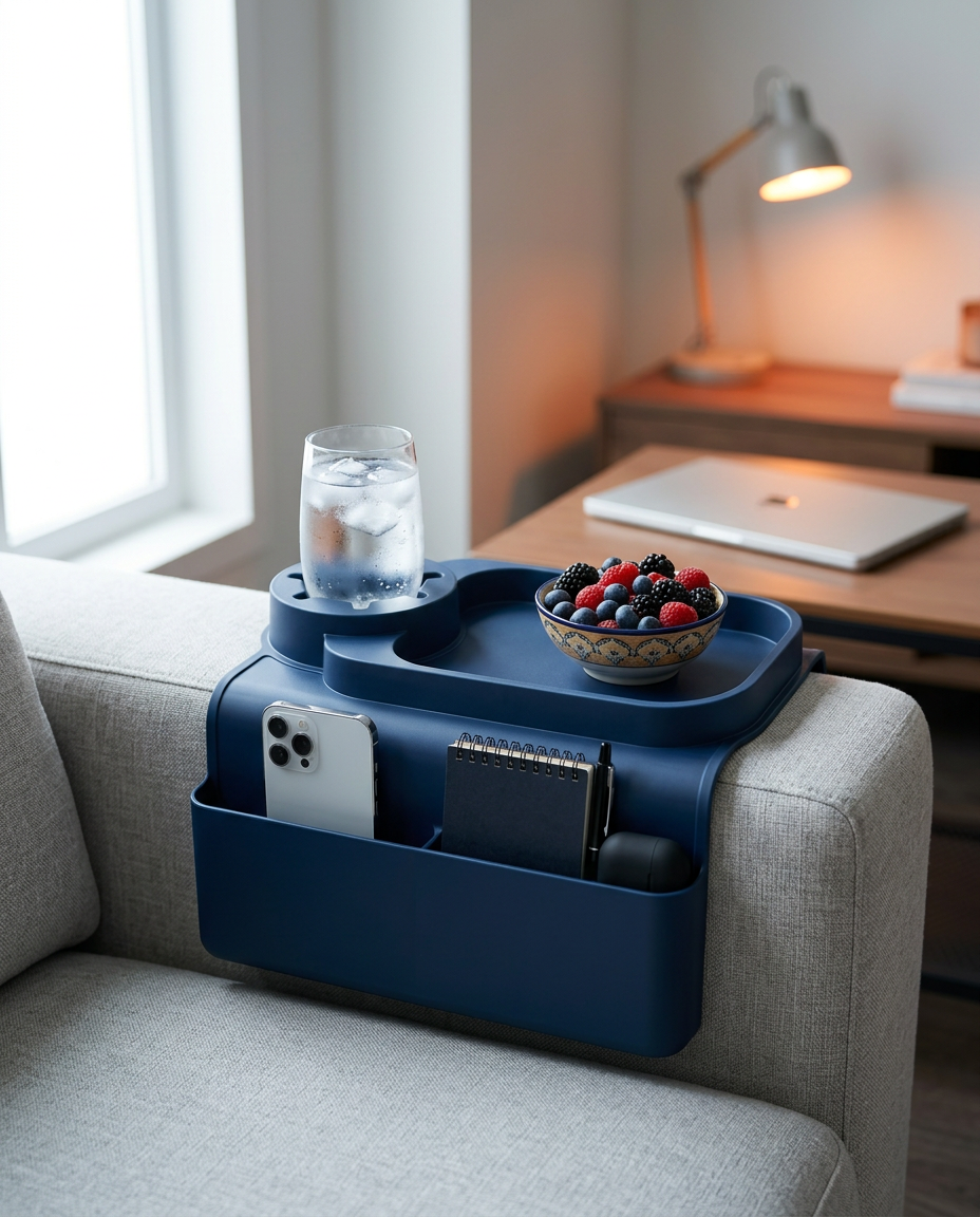 Navy organizer on a sofa arm with water, berries, phone and notebook