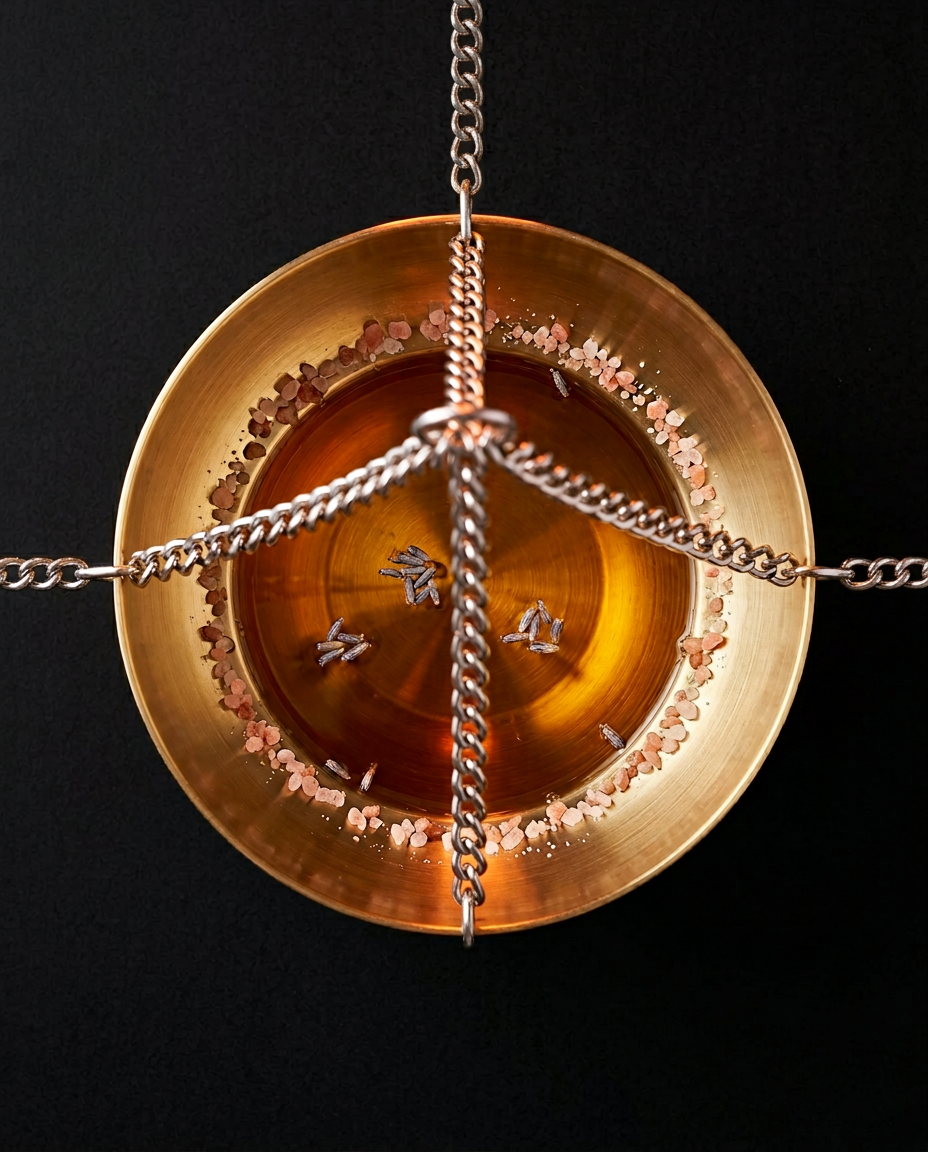 Overhead view of brass aromatherapy bowl with oil and three hanging chains