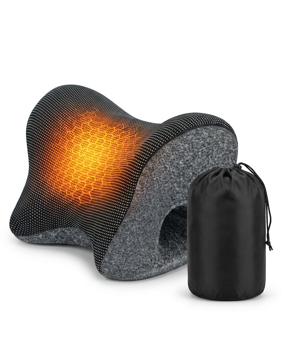 Heated neck pillow beside its black drawstring carry bag, on white