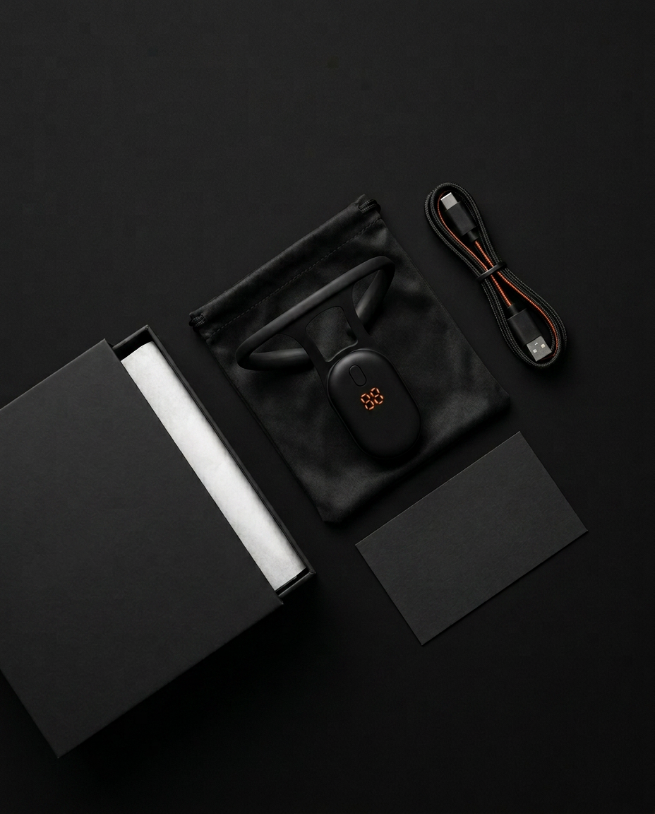 Posture corrector unboxing flat lay with pouch and USB-C cable