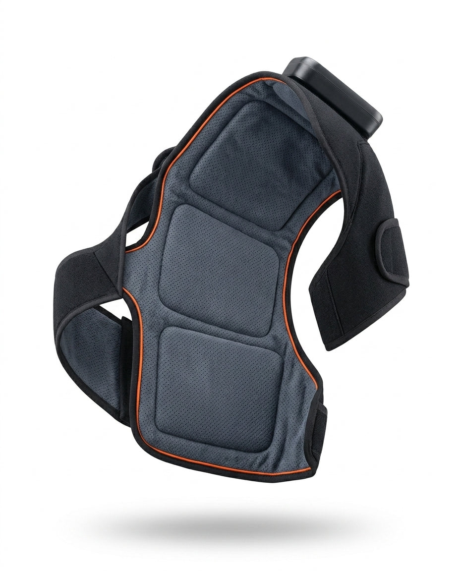 Back view of the shoulder wrap showing padded grey interior and orange trim