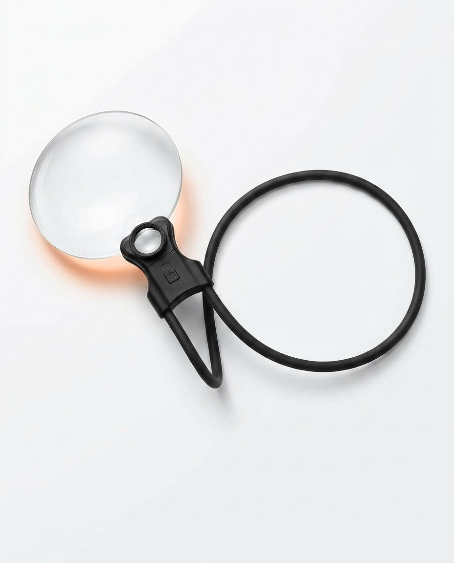 Black neck magnifier laid flat on white showing lens and looped neckband