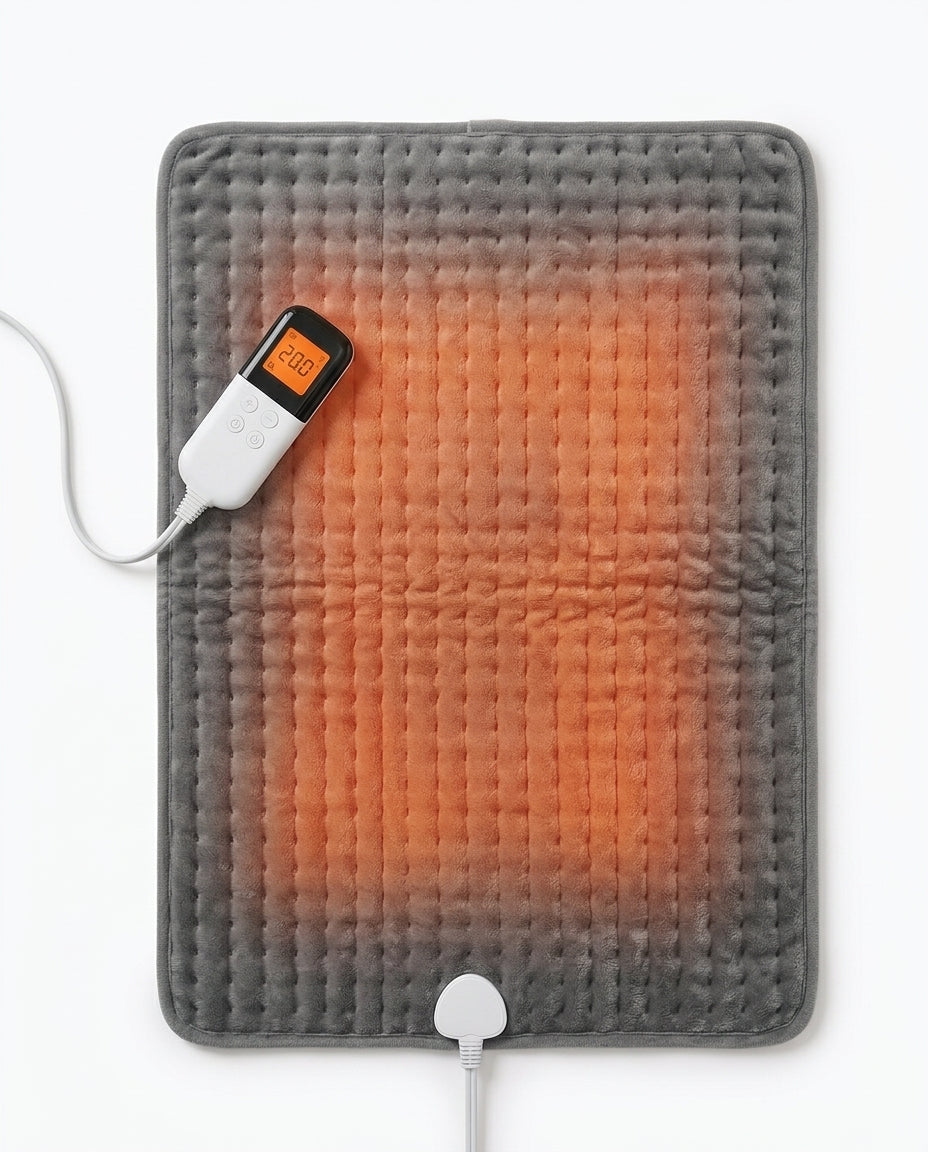 Electric heating pad laid flat with warm orange glow and digital controller