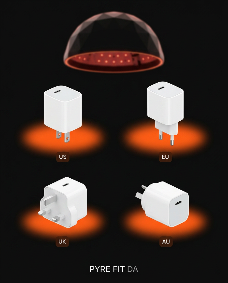 Grid of US, EU, UK and AU plug adapters for the red light cap