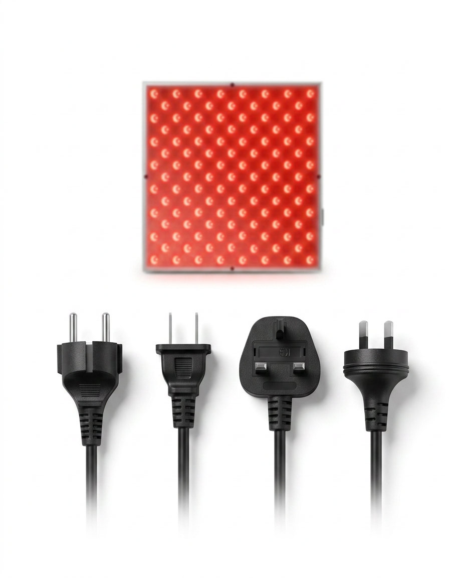 Red light panel shown with EU, US, UK and AU plug cable options