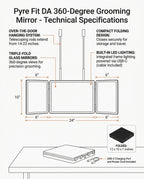 Size chart with dimensions and folded size for the trifold grooming mirror