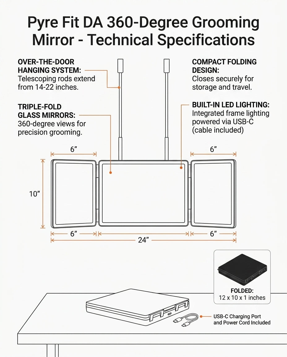Size chart with dimensions and folded size for the trifold grooming mirror