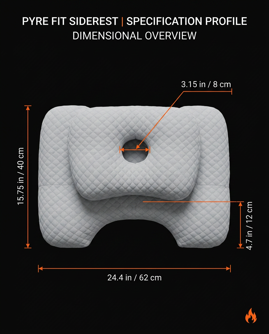 Specification profile with the sleep pillow's dimensions in inches and centimeters