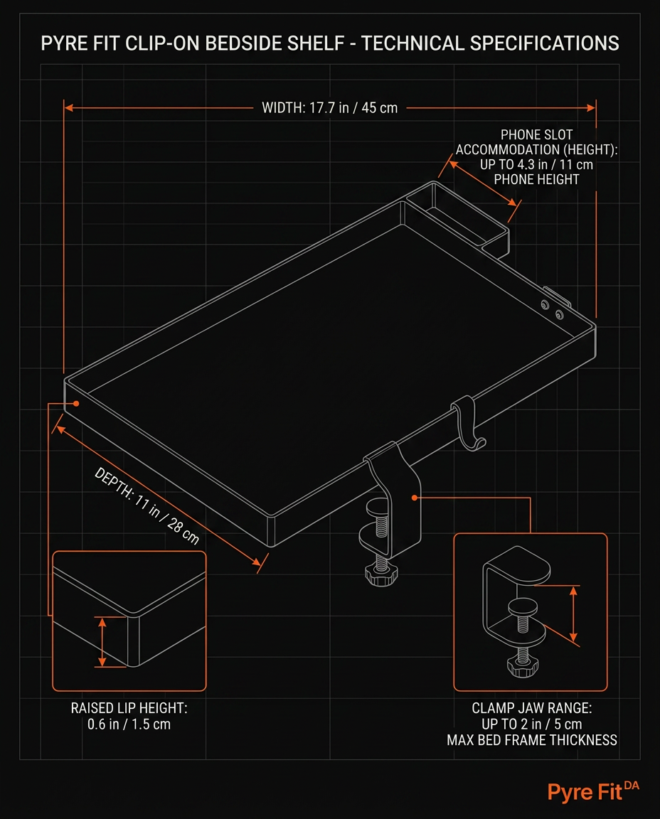 Technical blueprint with the bedside tray's width, depth and clamp range dimensions