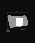 Size diagram of the lumbar cushion with length, height and depth dimensions