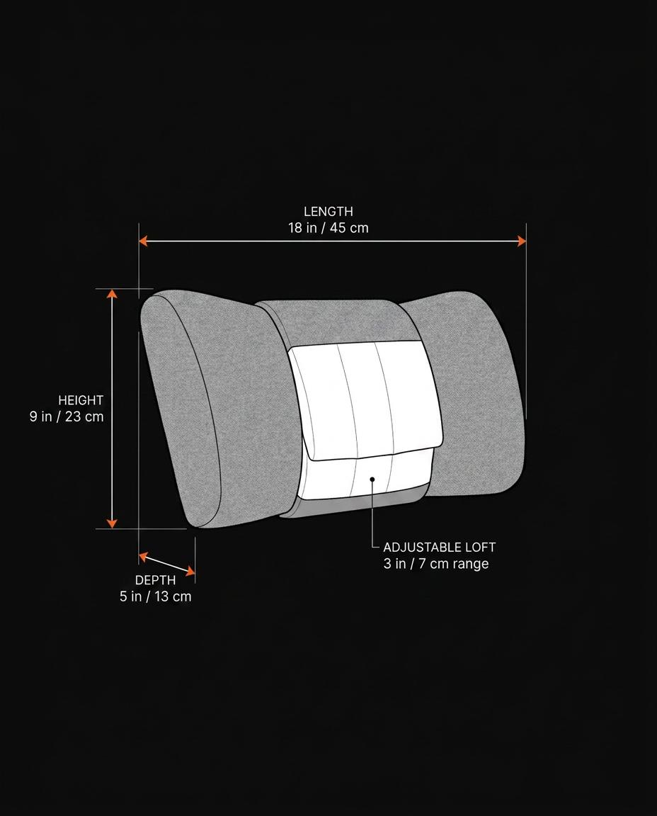 Size diagram of the lumbar cushion with length, height and depth dimensions