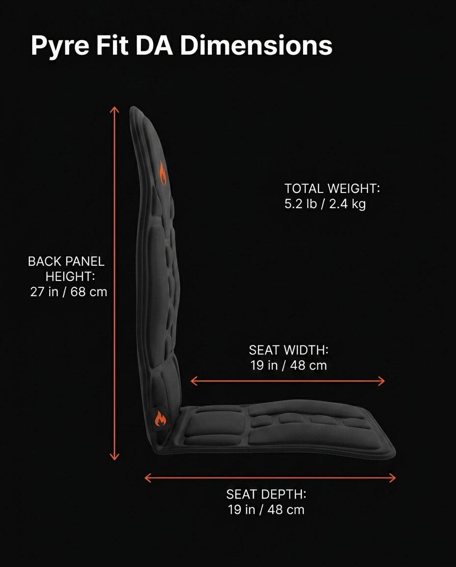 Dimensions infographic: 27 inch back, 19 inch seat, 5.2 lb cushion