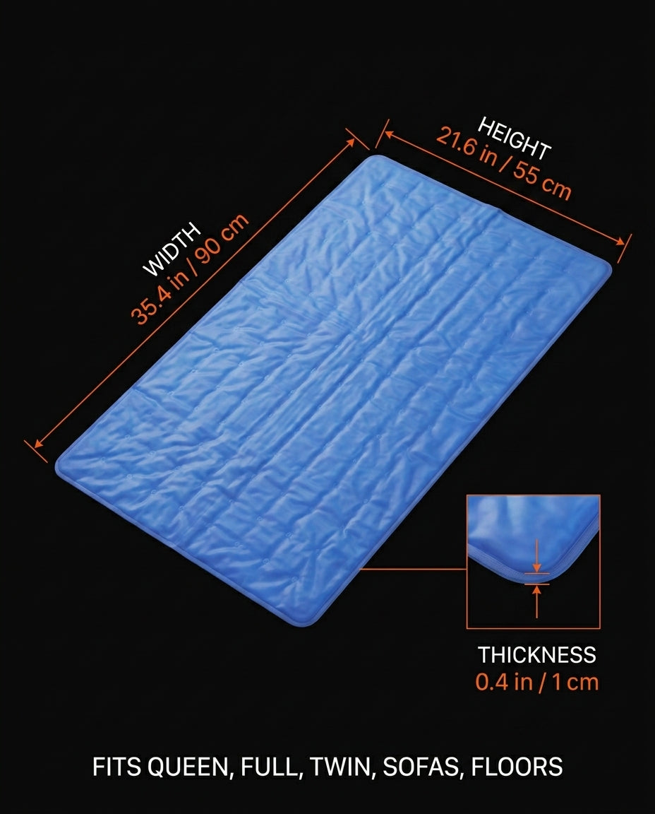 Size infographic with the cooling gel pad dimensions and thickness in inches and cm