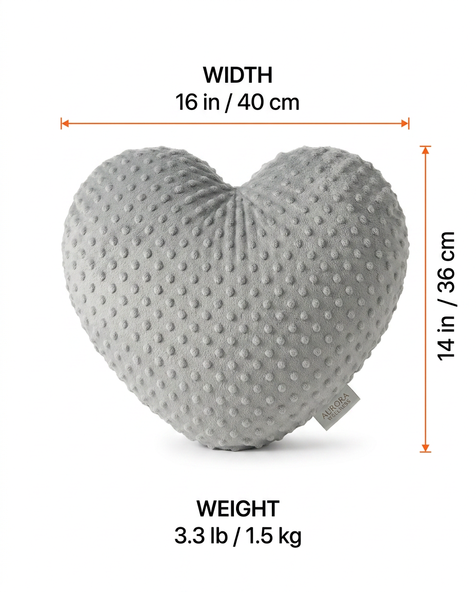 Size infographic with width, height and weight of the heart cushion
