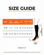 Compression sock size guide with US, EU, calf and shoe measurements