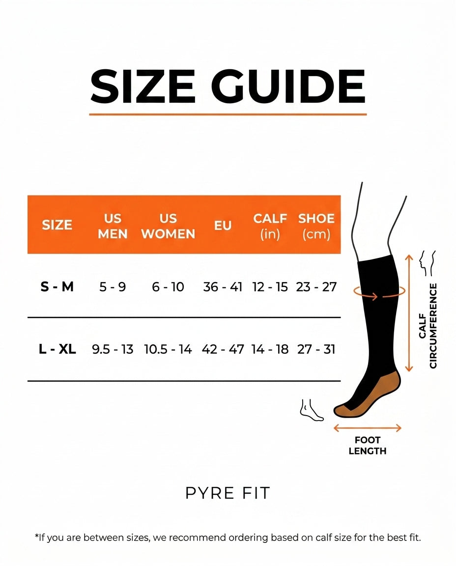 Compression sock size guide with US, EU, calf and shoe measurements