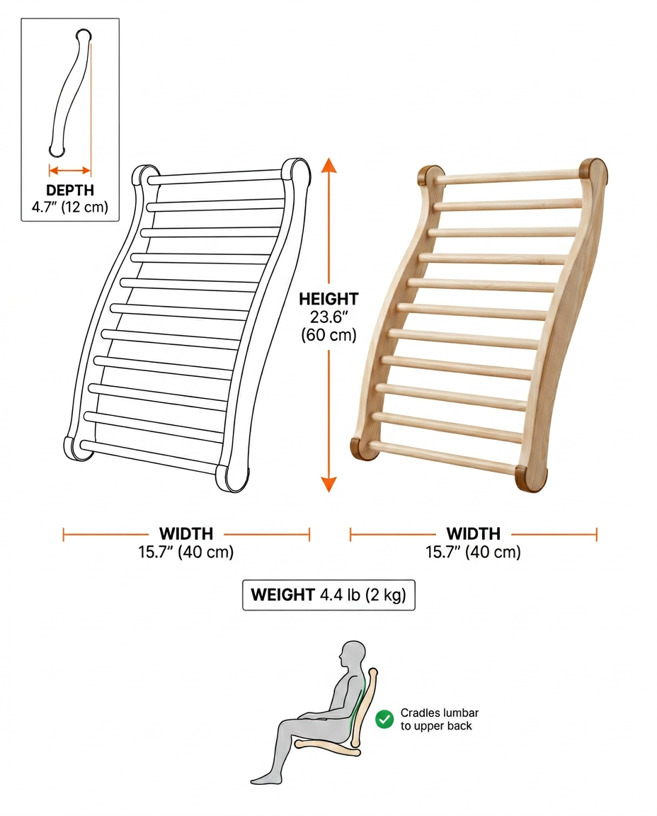 Size guide with the sauna backrest's height, width and depth in inches and cm