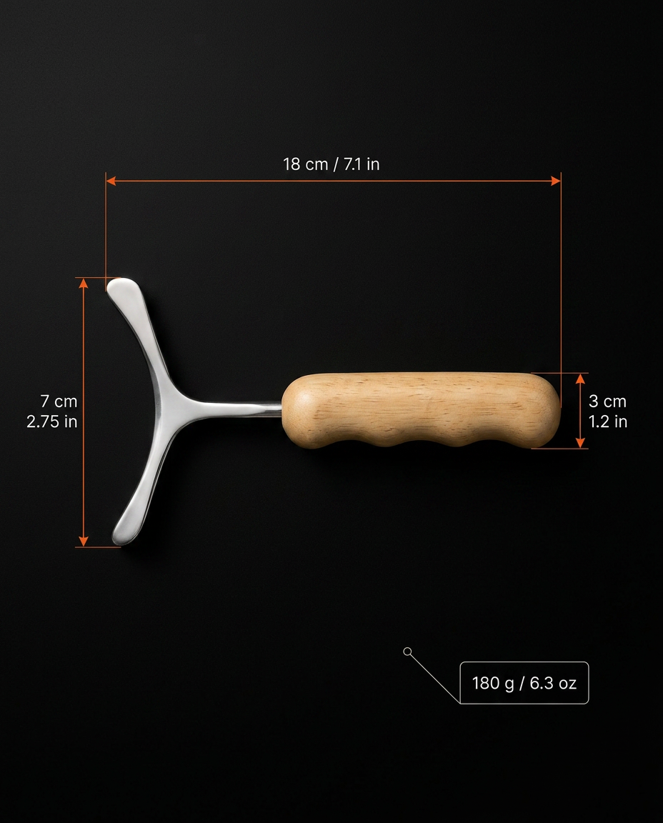 Size guide: 7.1 in long, 2.75 in fork, 1.2 in handle, 180g fascia tool