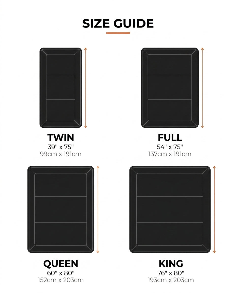 Size guide with Twin, Full, Queen and King mattress dimensions in inches and cm