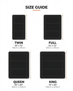Size guide with Twin, Full, Queen and King mattress dimensions in inches and cm