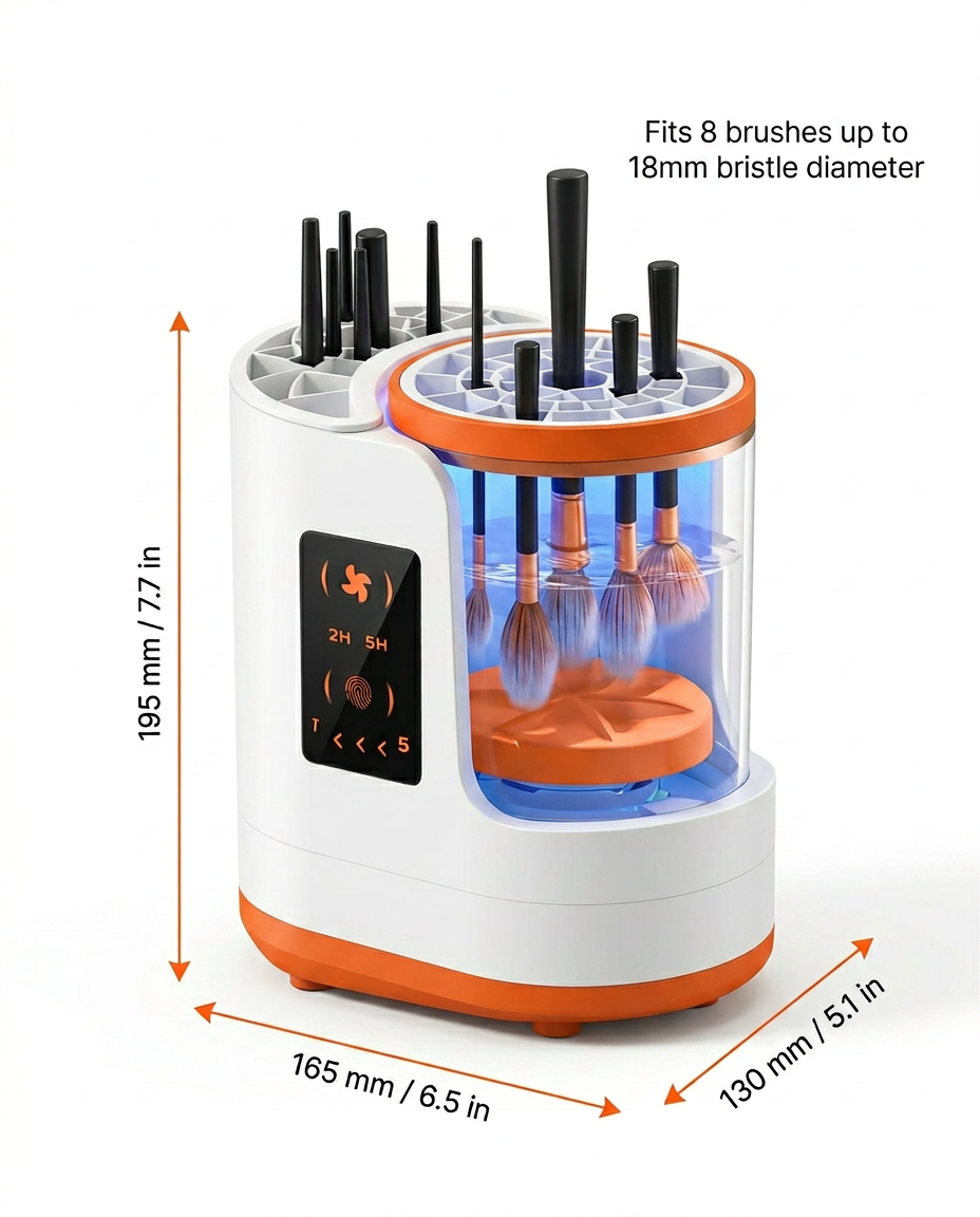 Size guide with the brush cleaner's dimensions in millimeters and inches