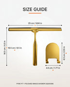 Size guide infographic with brass squeegee and hook dimensions in cm and inches