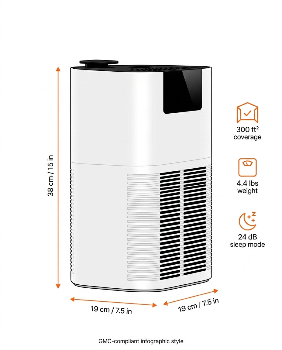 Size guide with air purifier dimensions, coverage and sleep mode specs