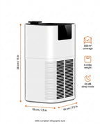 Size guide with air purifier dimensions, coverage and sleep mode specs