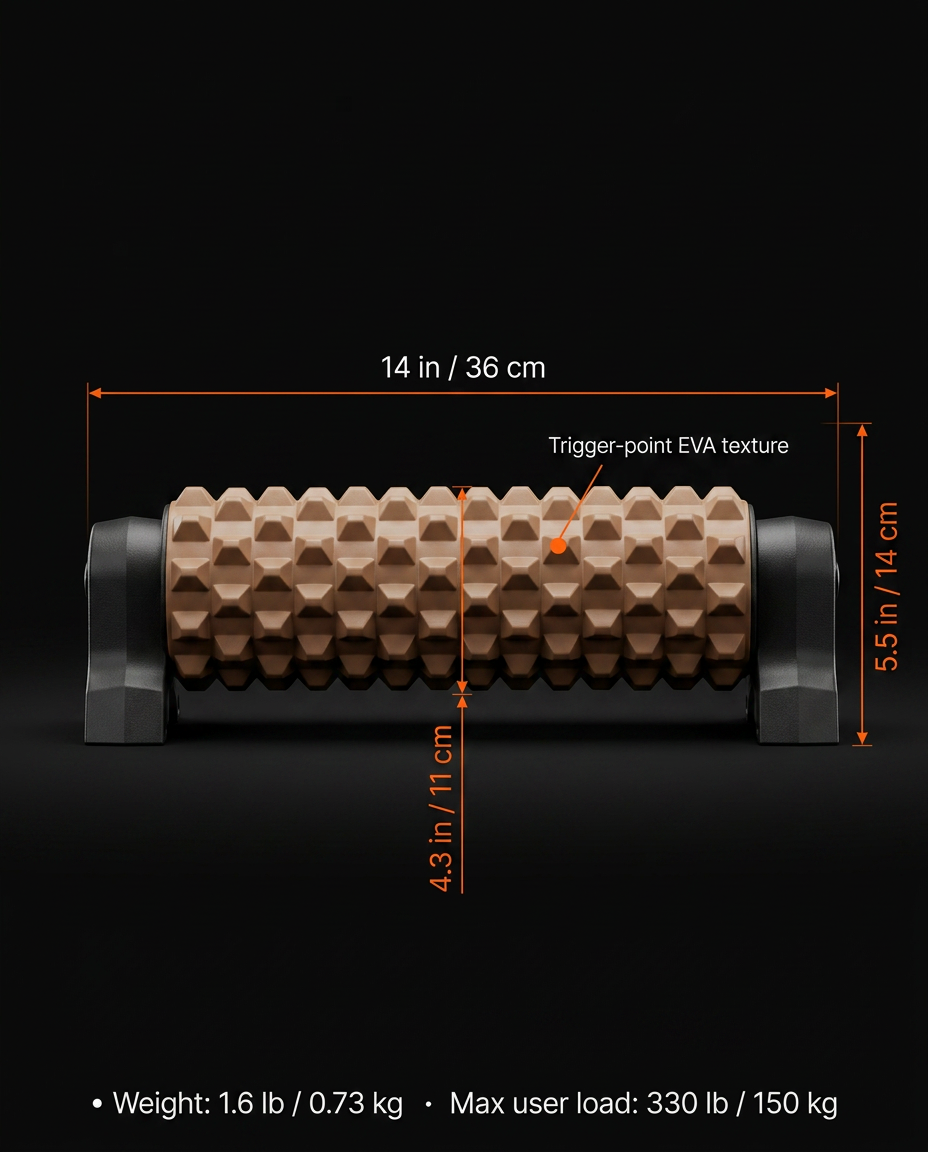 Size guide with the foam roller dimensions in inches and centimeters plus load specs