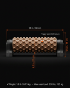 Size guide with the foam roller dimensions in inches and centimeters plus load specs