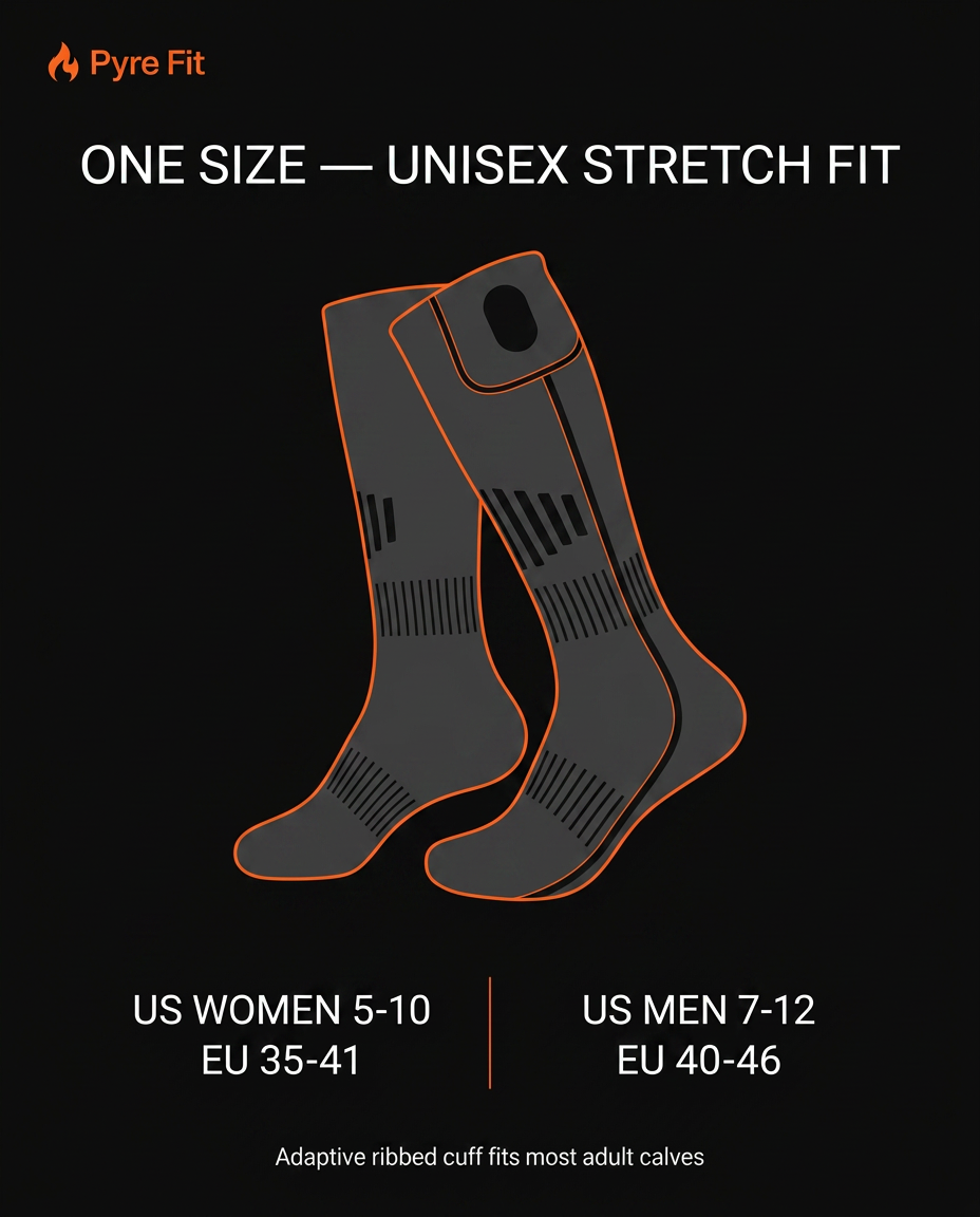 Size guide showing the heated socks fit US women 5-10 and men 7-12