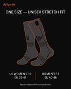 Size guide showing the heated socks fit US women 5-10 and men 7-12