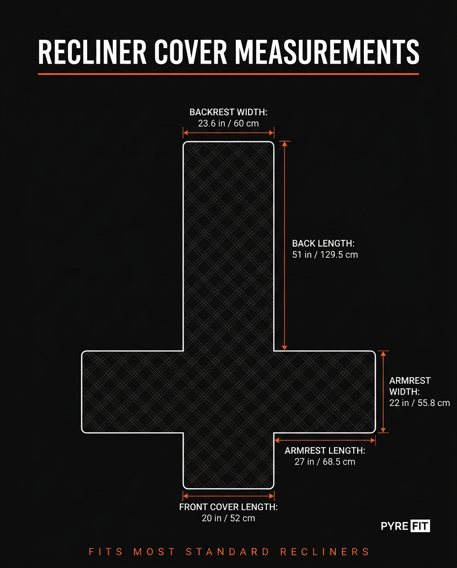 Size guide showing recliner cover backrest, armrest and seat measurements