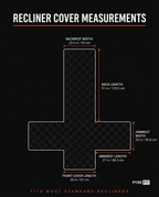Size guide showing recliner cover backrest, armrest and seat measurements