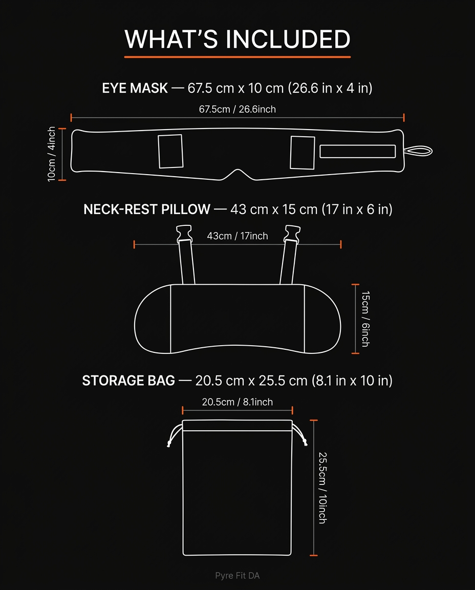 What's included sizing chart for the eye mask, neck pillow and storage bag