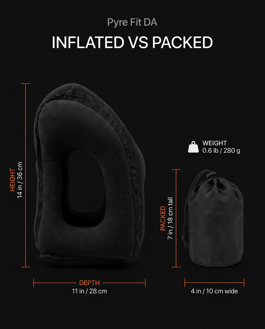 Size infographic comparing inflated travel pillow dimensions versus packed pouch