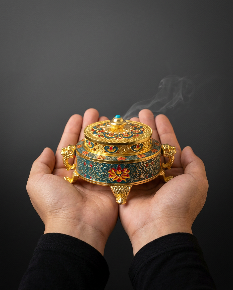 Two hands cupping the lotus incense burner to show its compact size
