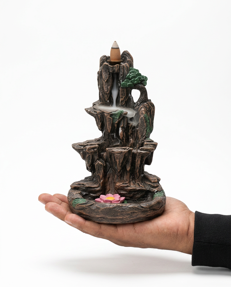 Backflow incense holder held in an open palm to show its size