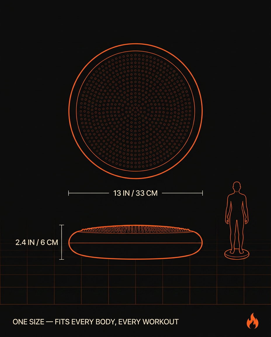 Size infographic showing the 13-inch balance disc next to a human silhouette