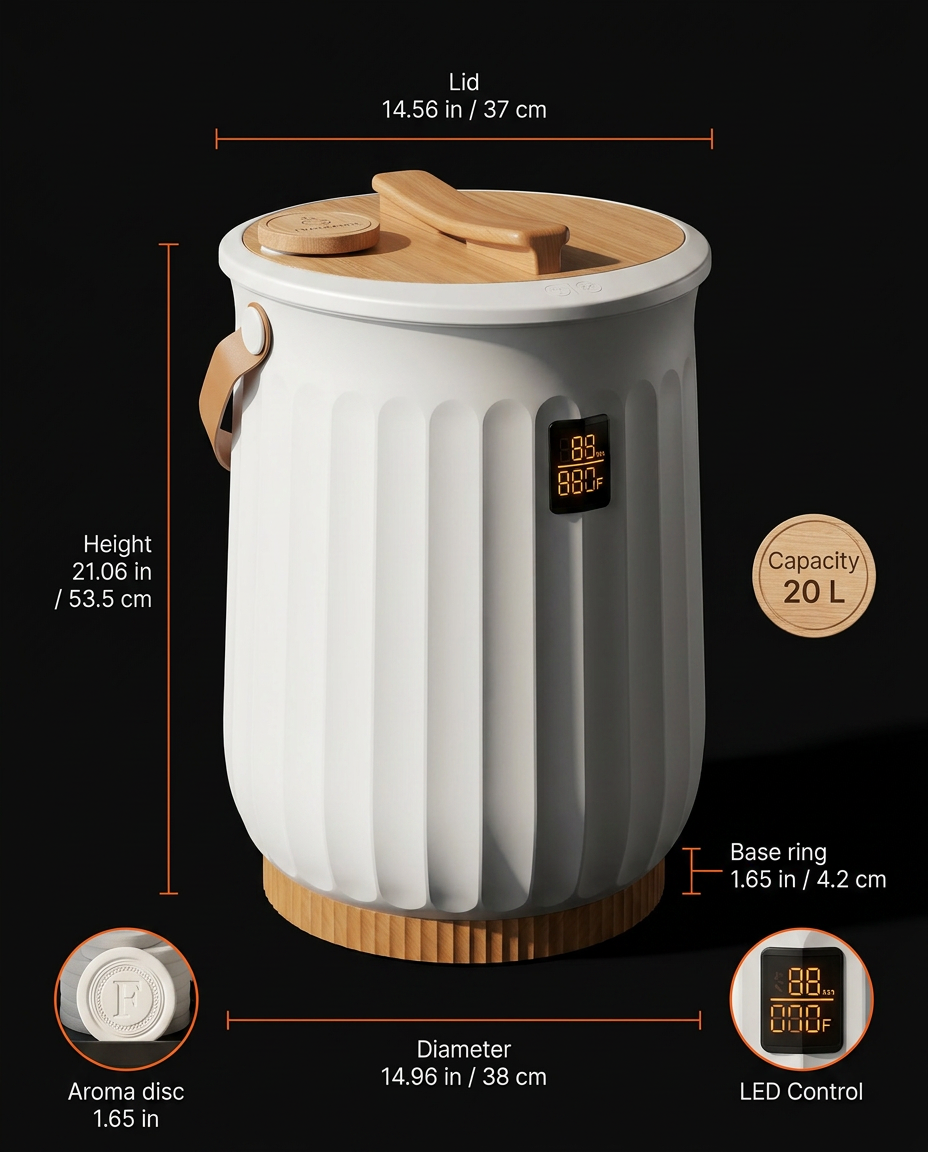 Size chart: 21 in tall, 14.96 in diameter, 20 L towel warmer with aroma disc
