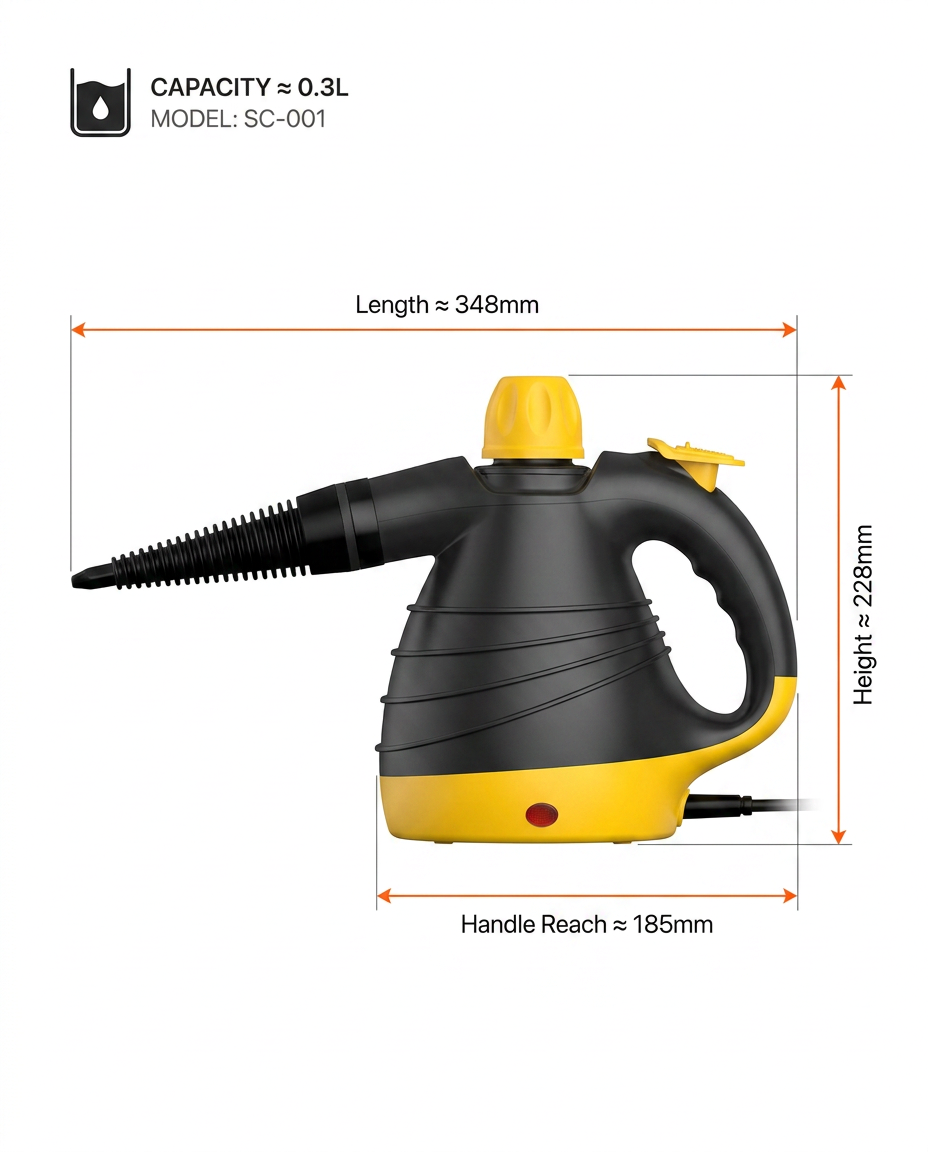 Dimension diagram of the steam cleaner: 348mm length, 228mm height, 0.3L tank
