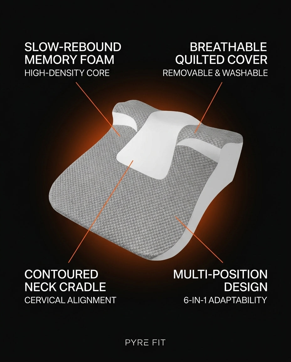 Specs infographic of wedge pillow foam, quilted cover and neck cradle