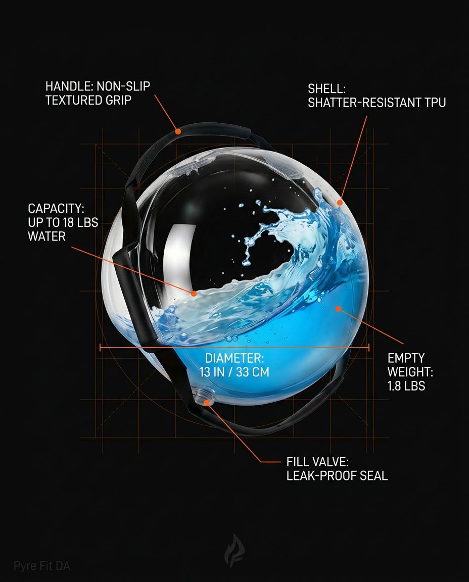 Specs diagram of the water stability ball with TPU shell and capacity callouts