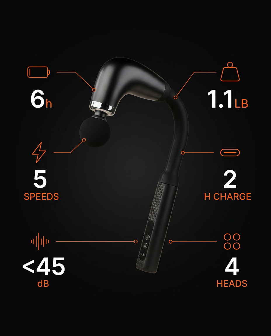 Specs graphic showing the massage gun's 6h battery, 5 speeds and 4 heads