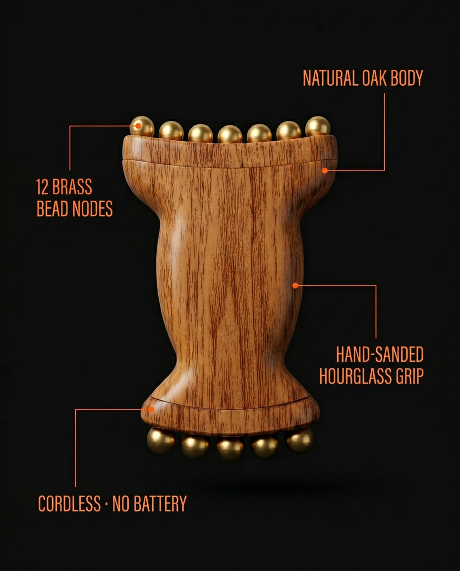 Specs infographic: oak wooden roller body, 12 brass bead nodes and hourglass grip